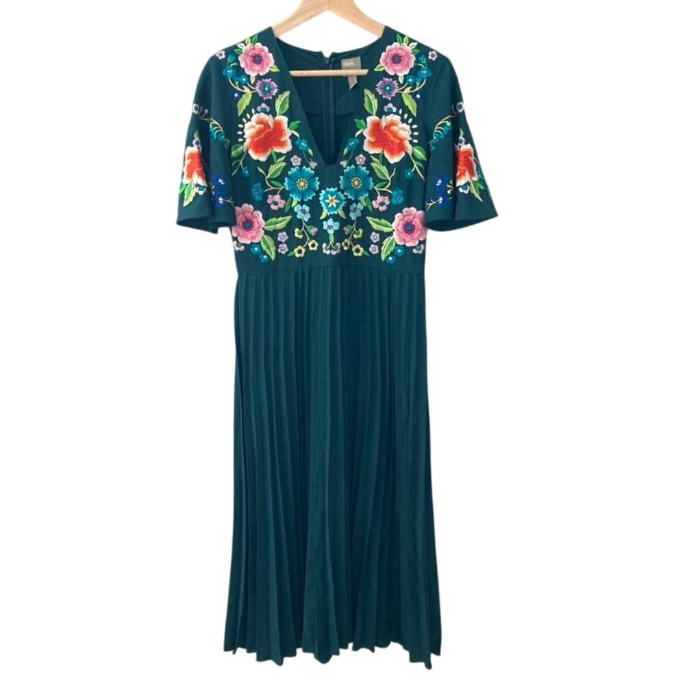 ASOS Design Embroidered Floral Pleated Midi Dress - Emerald Green - 6